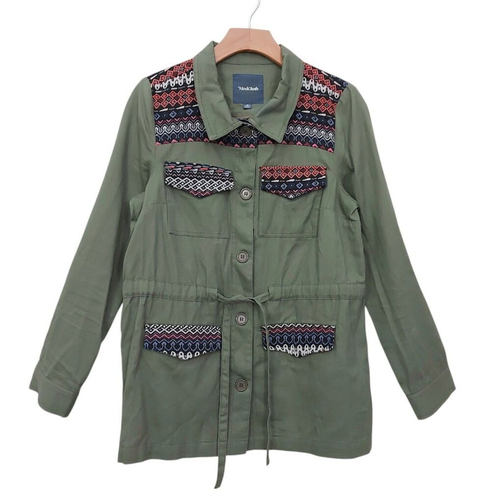 ModCloth Jacket Womens Medium Green Aztec Embroidered Front Button Twill Cotton